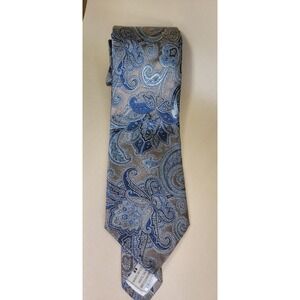 Trafalgar Mens Silk Tie Blue Taupe Gray Paisley  Floral Damask Classic USA